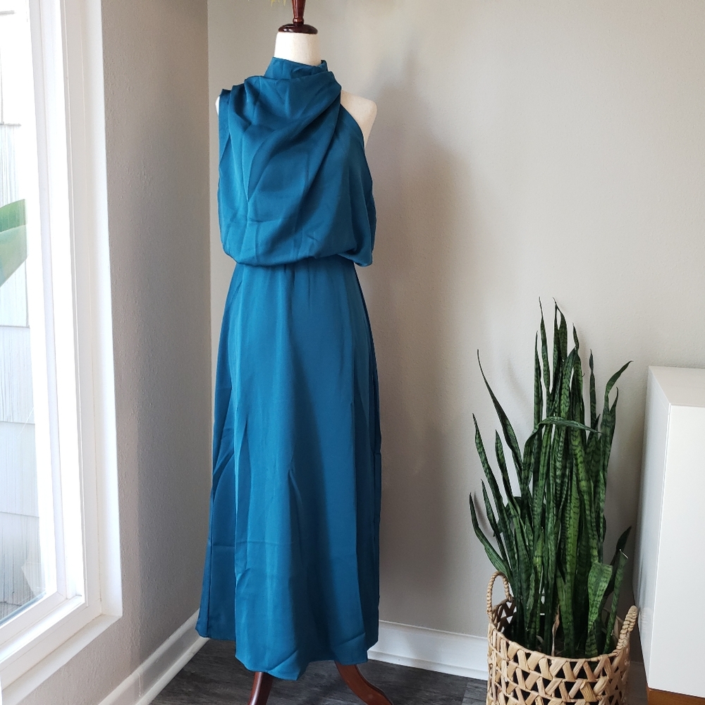 Draped Satin Asymmetric High Neck Sleeveless Midi Dress - Picture 3 of 12